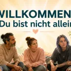 Willkommensbild Borderline-Selbsthilfe: Diverse Menschen in Kreis, warmtöne, Text „Willkommen – Du bist nicht allein"